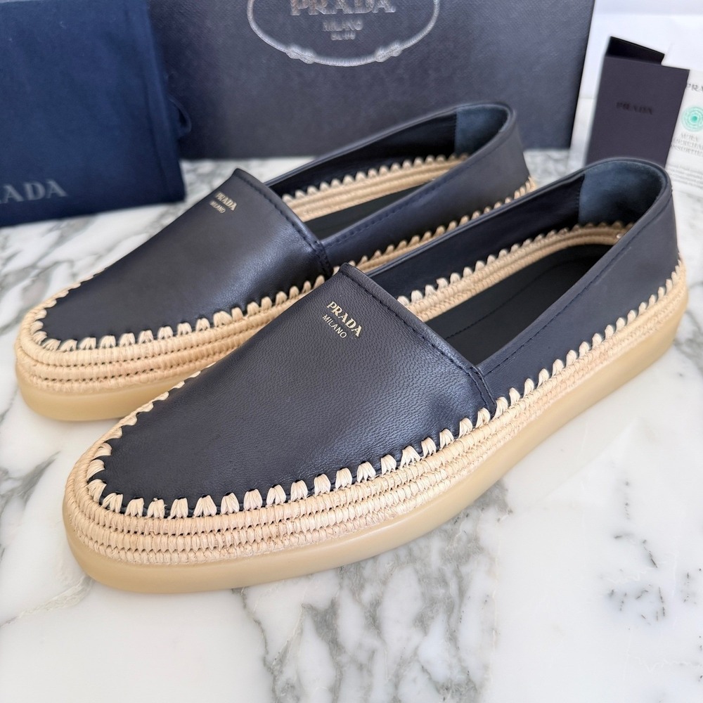 Prada Nappa Leather Mens Loafers Blue Espadrille Rope Trim SlipOn 2DG156 US8 - Picture 2 of 14